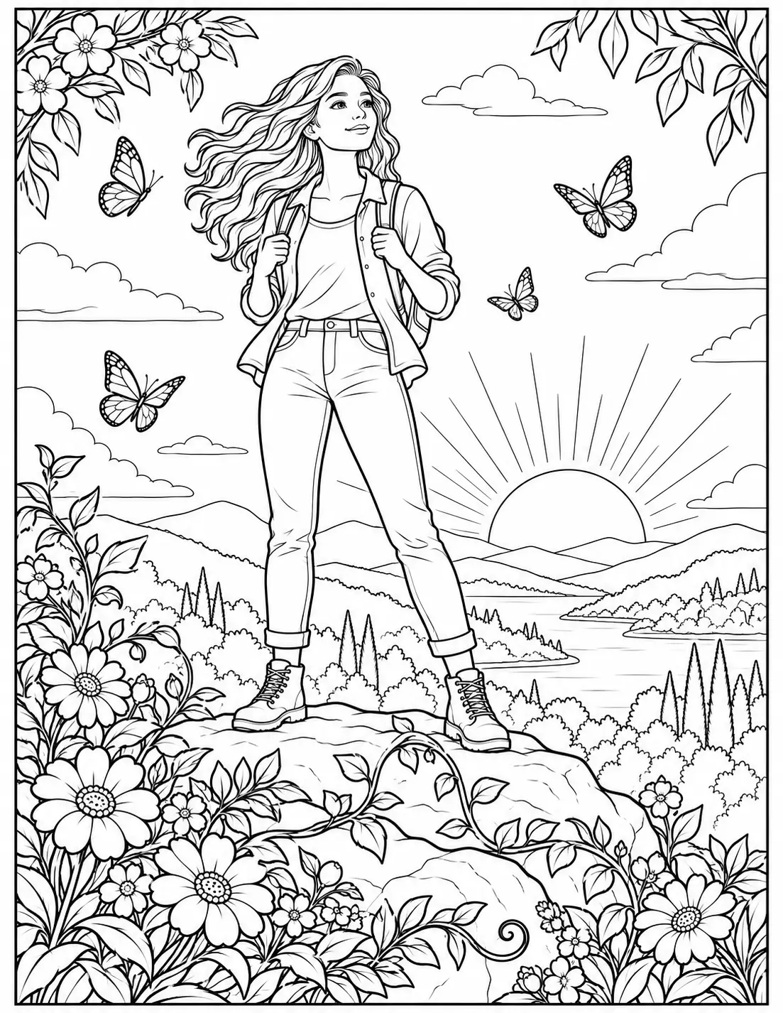 Woman looking over a blooming sunrise valley recovery coloring page