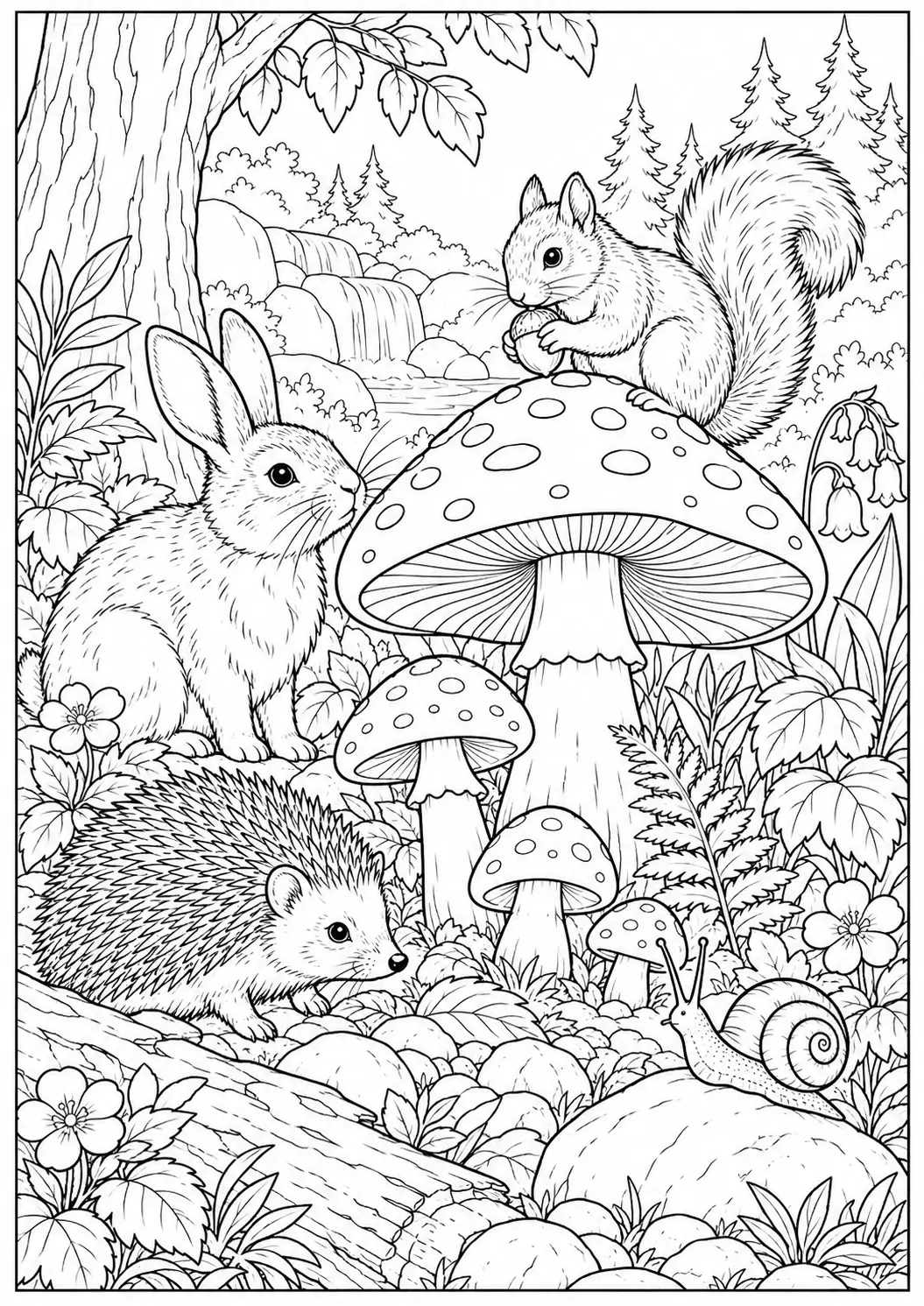 Woodland mushroom friends coloring page with forest animals