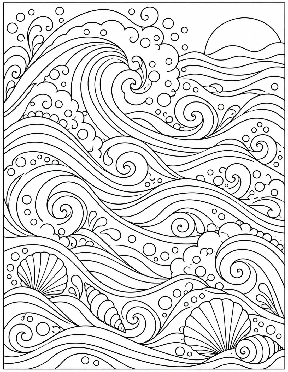 Abstract ocean waves coloring page with curling waves, bubbles, shells, and flowing water patterns