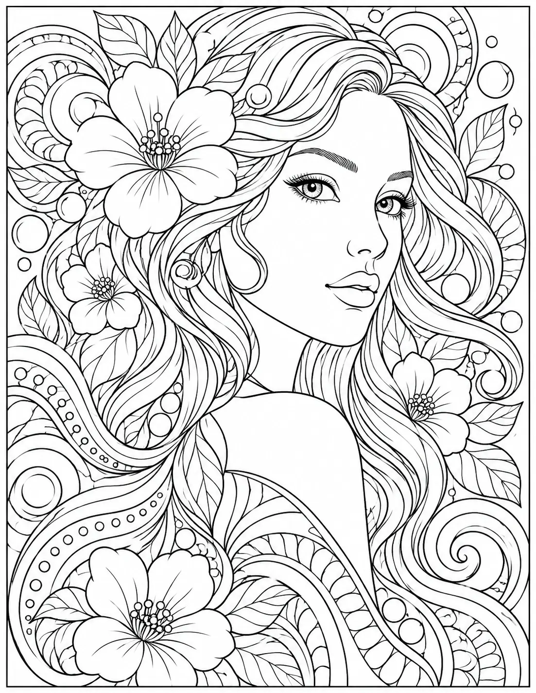 Abstract floral portrait coloring page with a woman, flowing hair, flowers, leaves, and curved patterns