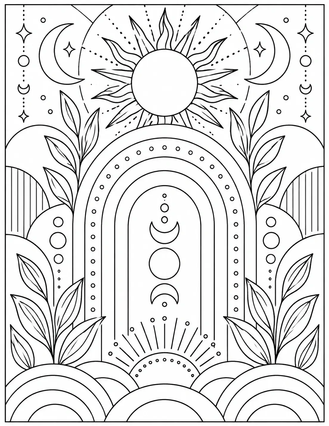 Boho celestial rainbow coloring page with sun, moons, leaves, arches, and geometric details