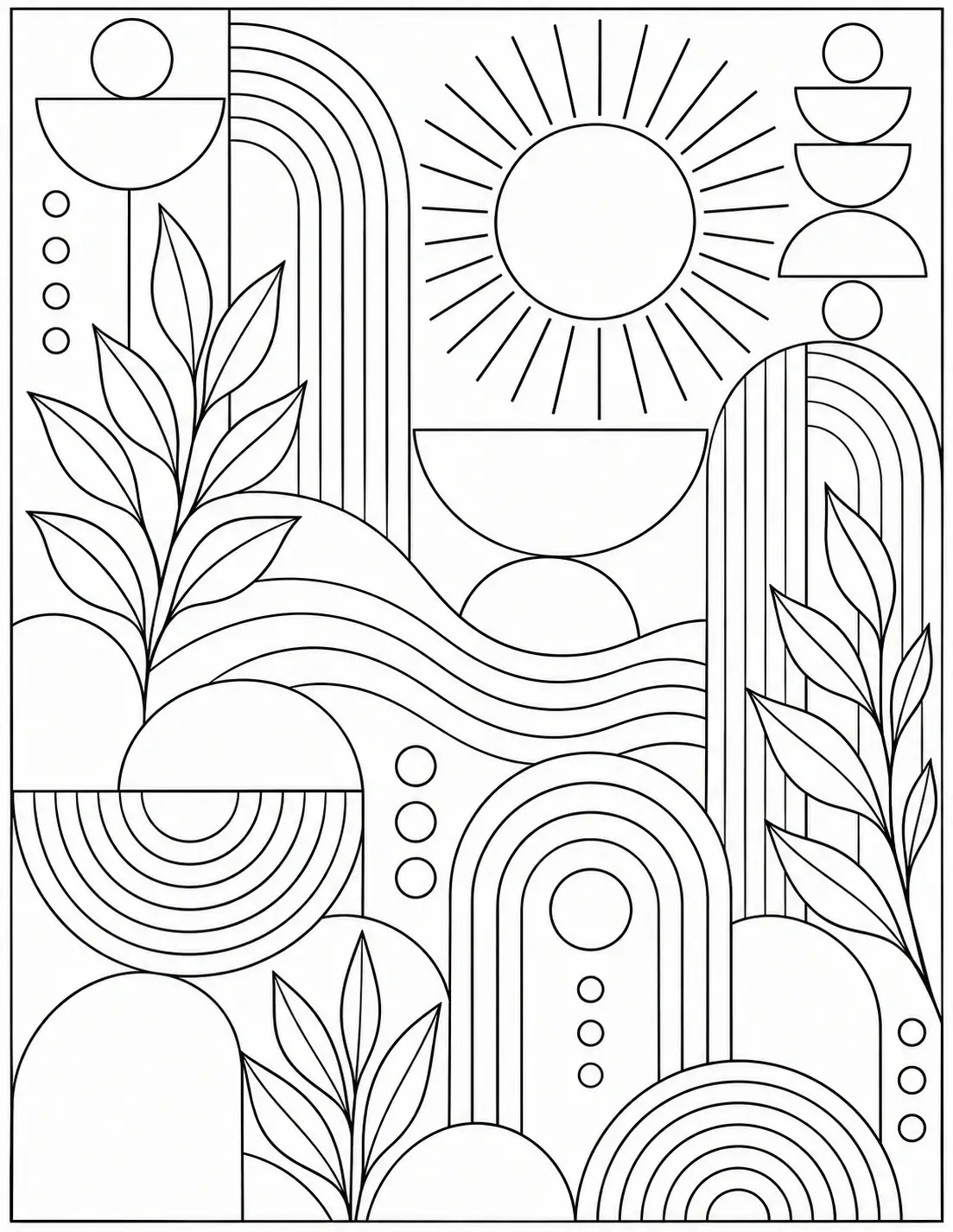 Mid-century abstract art coloring page with sun, arches, leaves, circles, and flowing lines