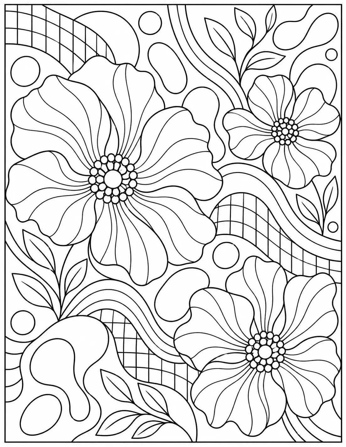 Abstract floral coloring page with large flowers, flowing curves, circles, and patterned shapes