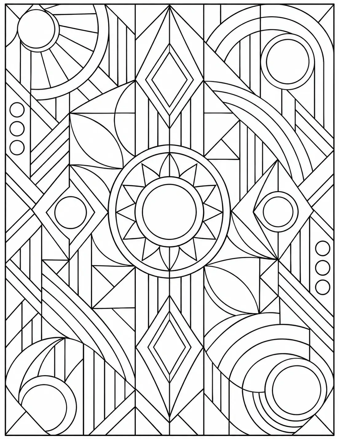 Geometric mosaic abstract coloring page with circles, diamonds, arches, and striped shapes