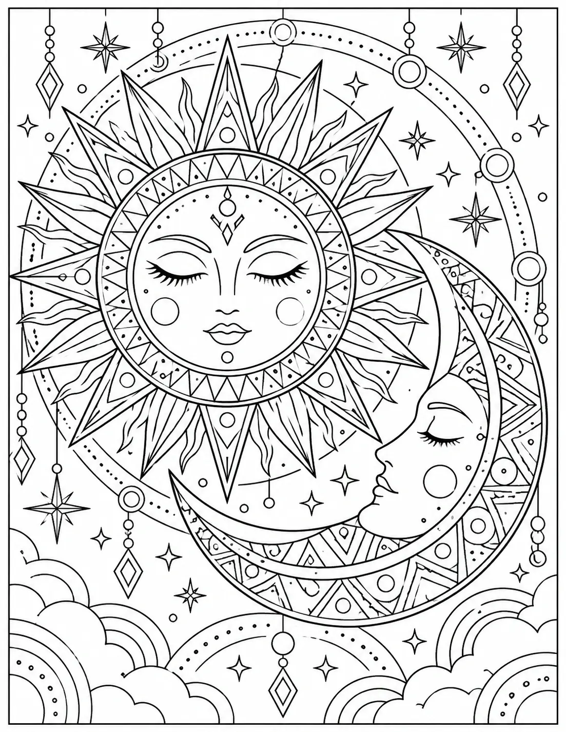 Celestial sun and moon abstract art coloring page with stars and geometric details