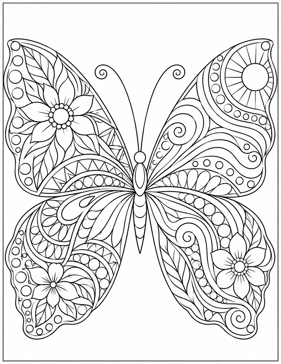 Abstract butterfly coloring page with floral, geometric, swirl, and patterned wing details