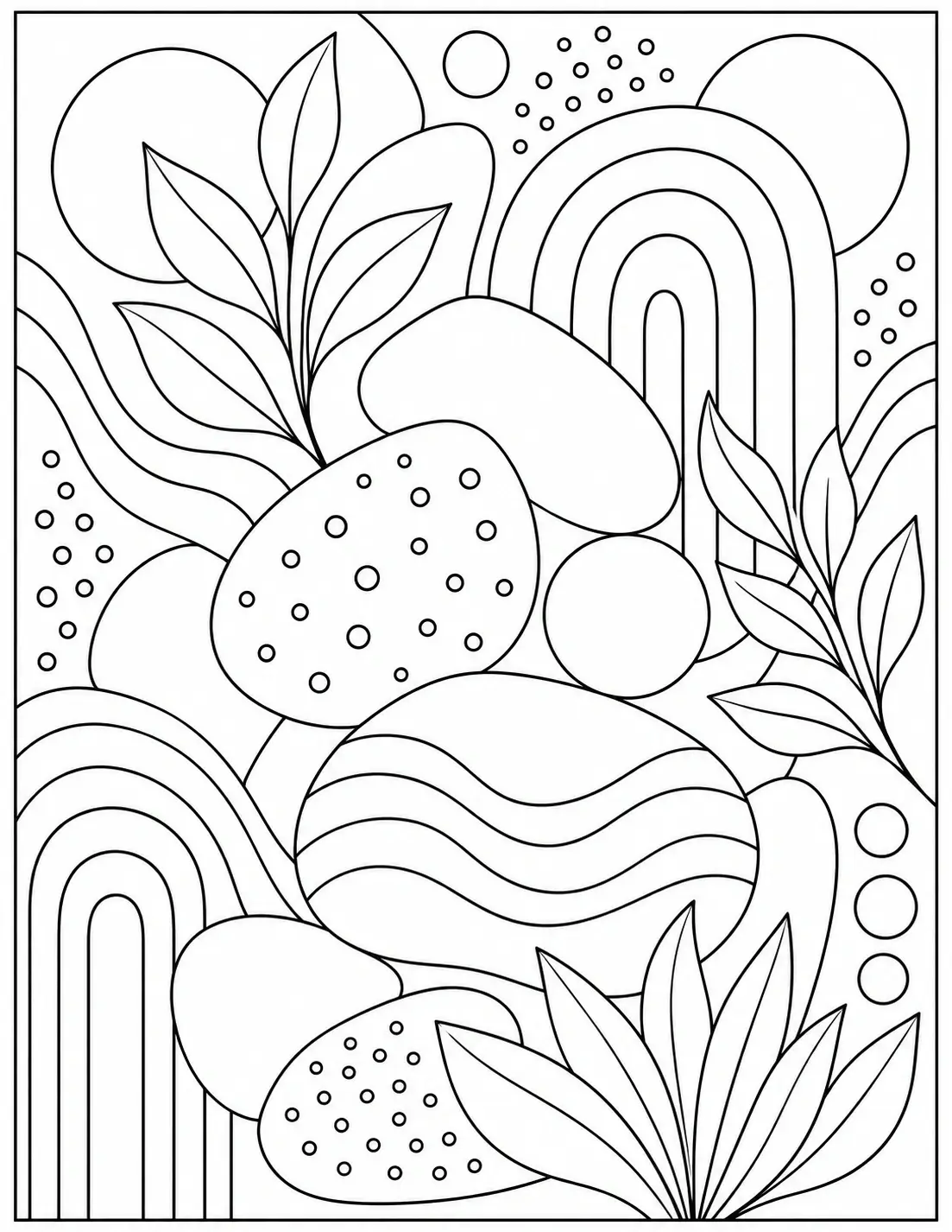 Organic abstract shape coloring page with rounded forms, leaves, arches, circles, and wavy patterns