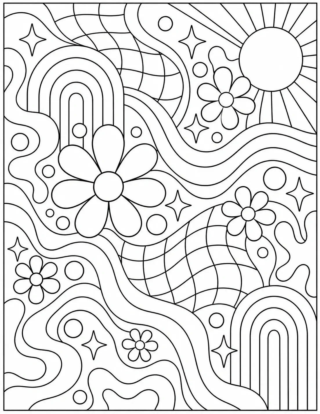 Retro abstract coloring page with groovy flowers, rainbows, wavy grids, stars, and flowing shapes