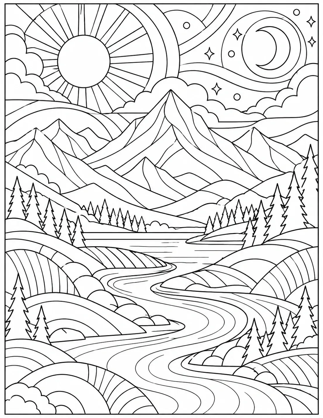 Abstract mountain landscape coloring page with mountains, river, pine trees, sun, moon, and layered hills