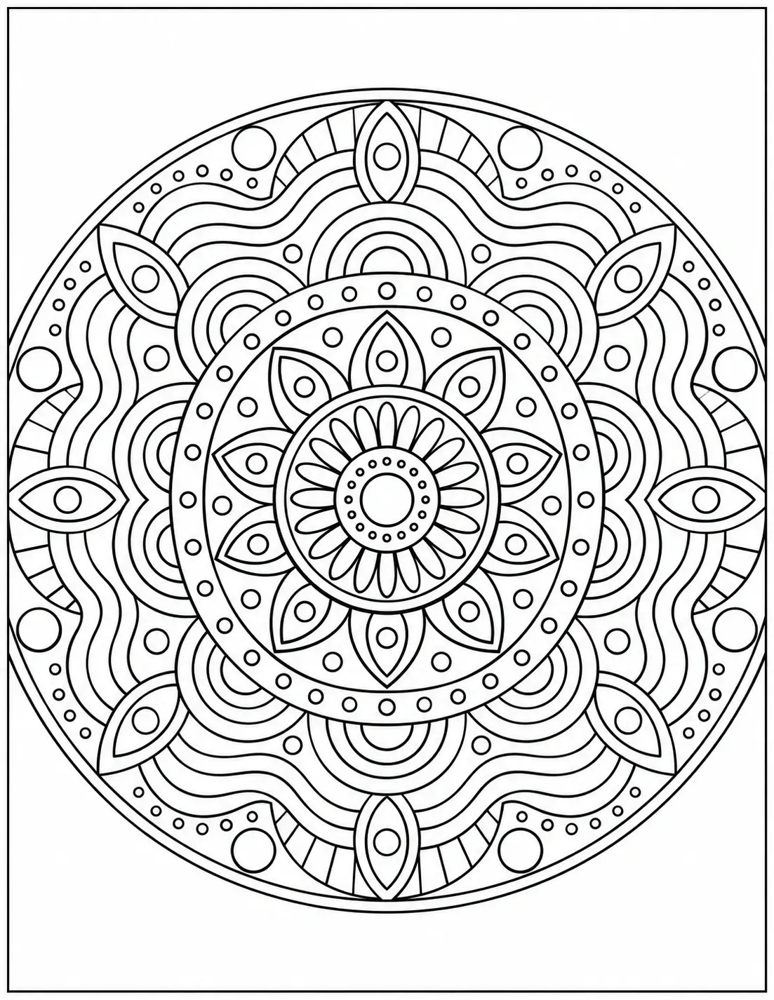 Circular abstract mandala coloring page with petals, waves, circles, and repeating geometric patterns