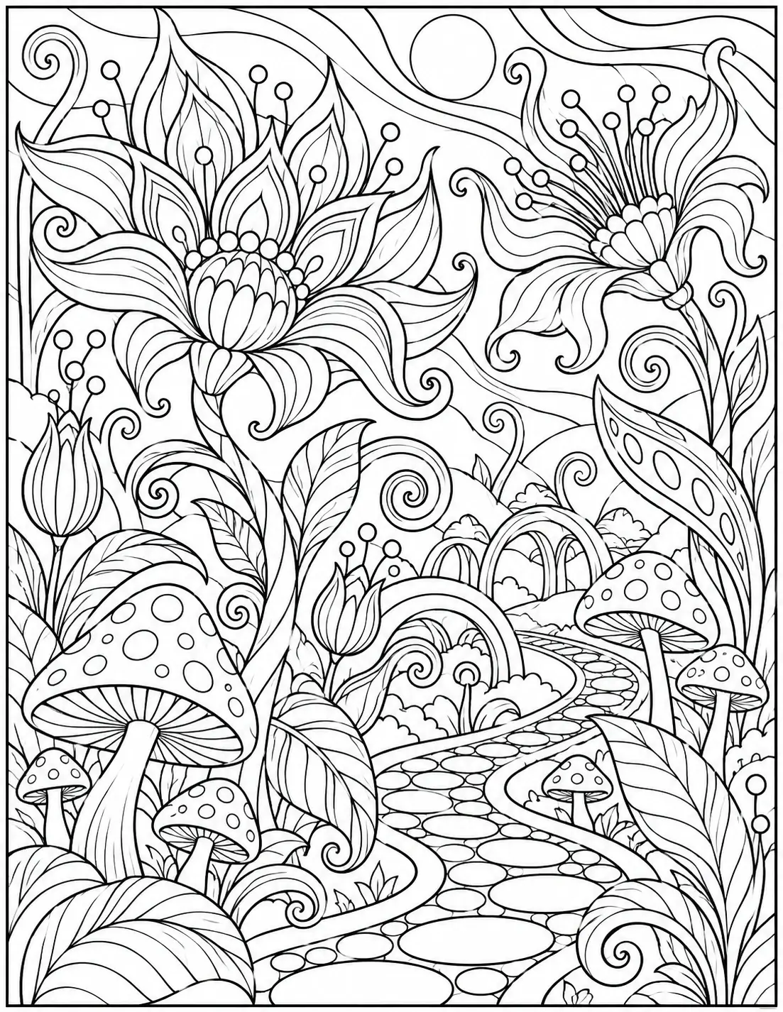 Fantasy abstract garden coloring page with oversized flowers, mushrooms, leaves, spirals, and winding path