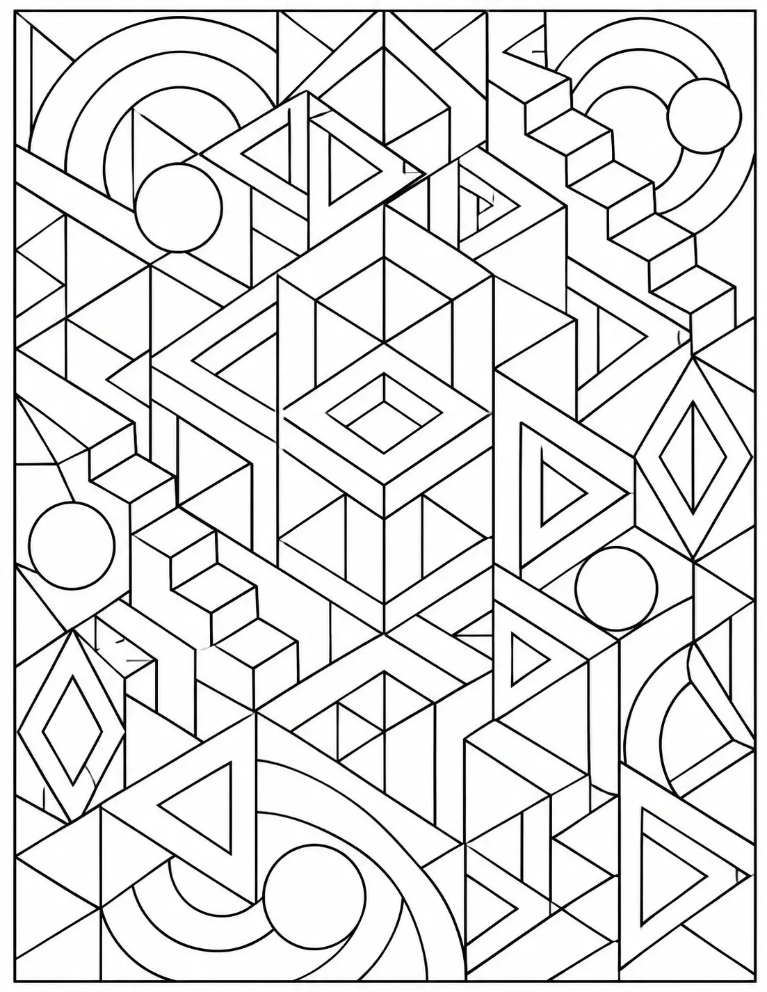 Geometric optical illusion coloring page with impossible shapes, stairs, circles, triangles, and cubes