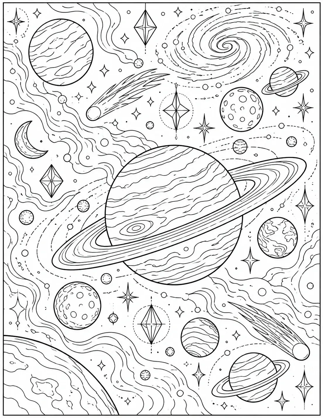 Abstract cosmic space coloring page with planets, rings, comets, stars, and swirling galaxies