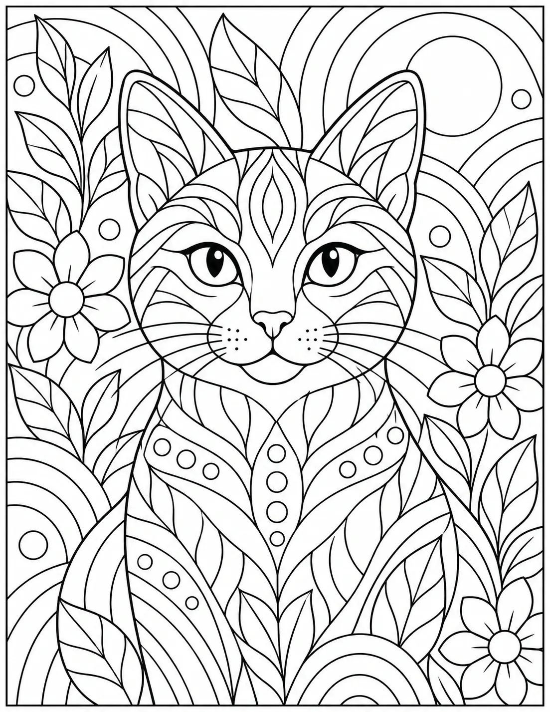 Abstract cat portrait coloring page with floral leaves, curved patterns, circles, and geometric details