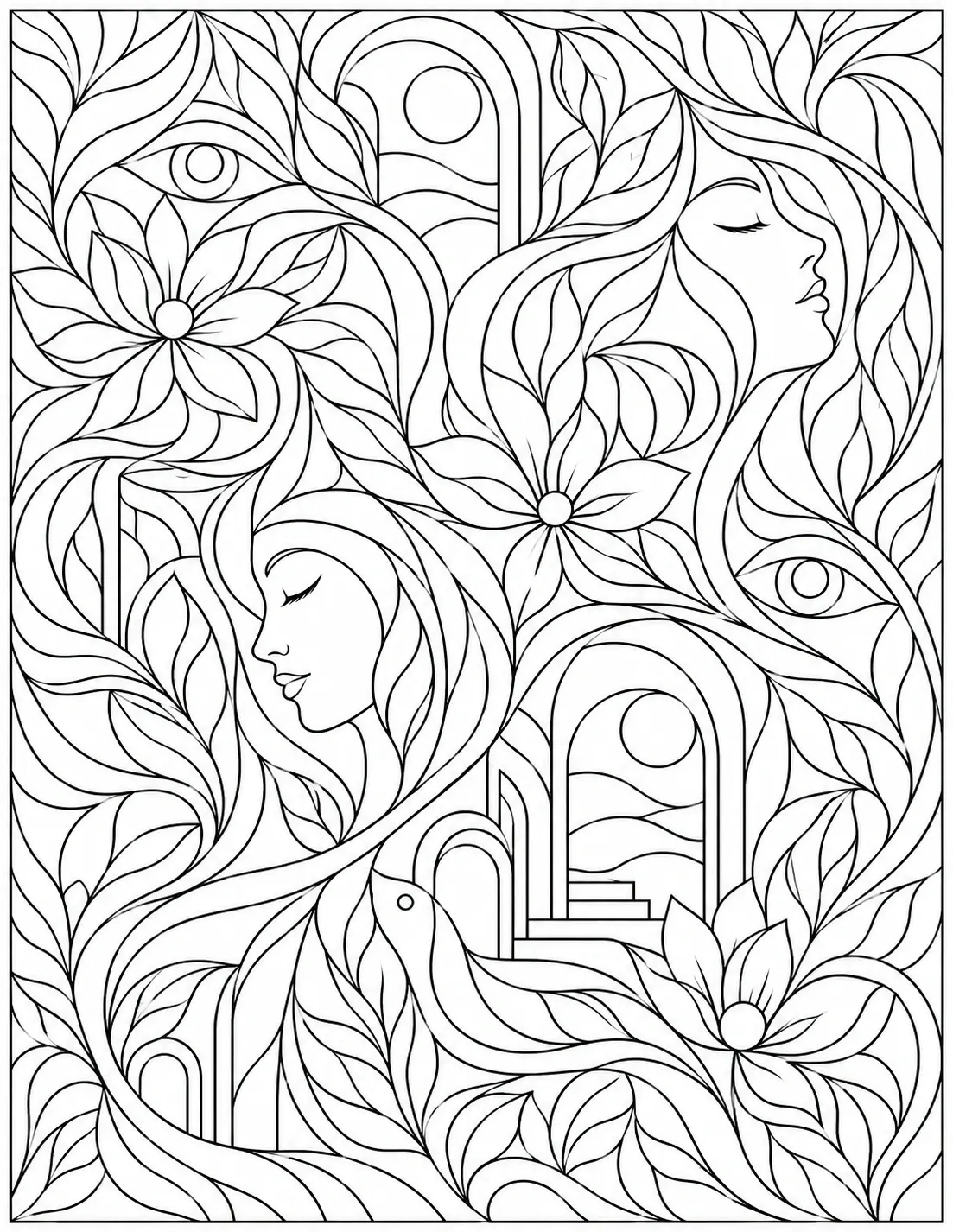 Flowing faces and leaves abstract coloring page with floral shapes, eyes, arches, and organic lines