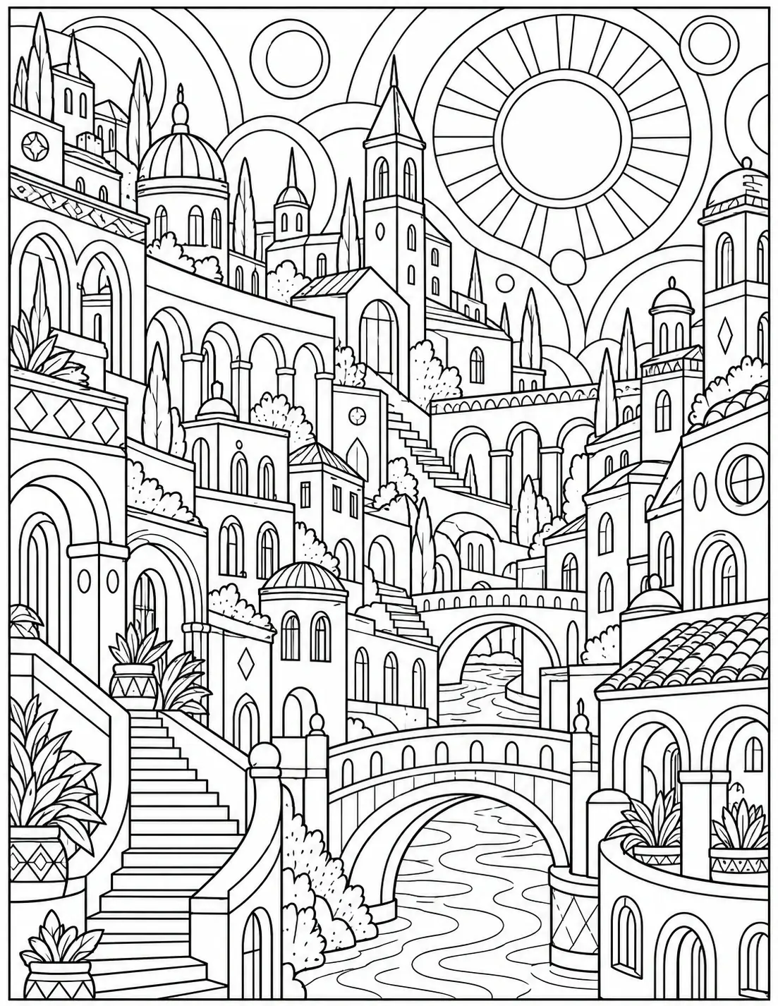 Abstract cityscape coloring page with towers, arches, bridges, stairs, domes, and a winding canal