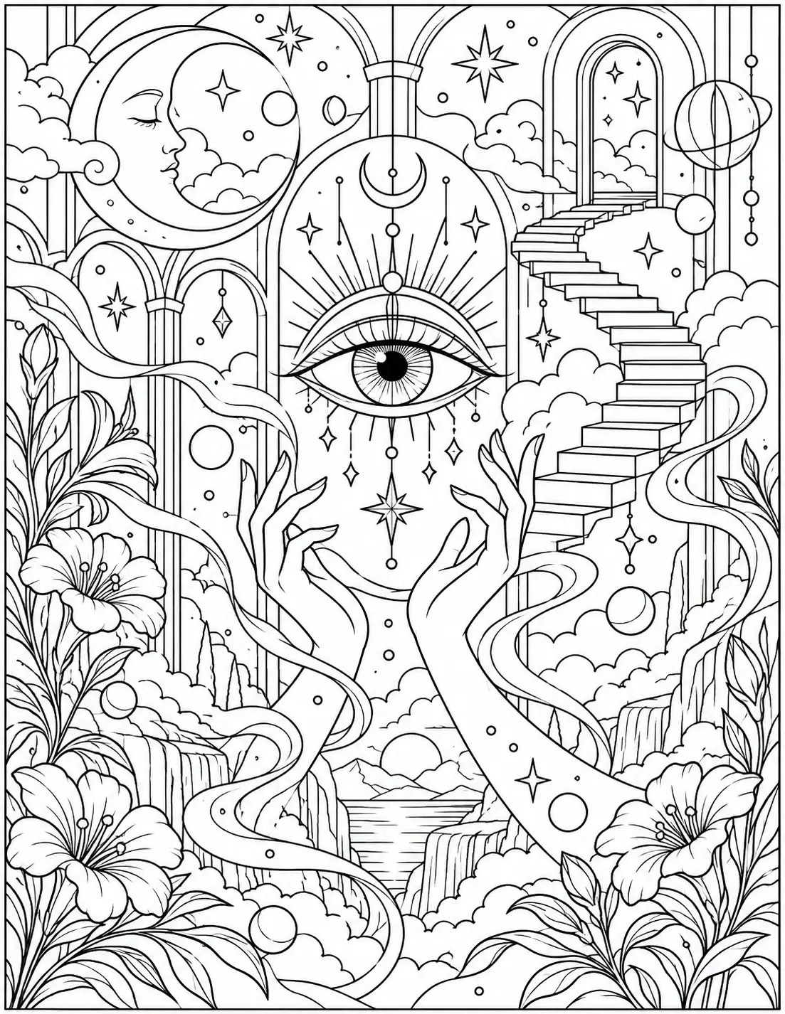 Surreal dream scene coloring page with a large eye, floating stairs, moon, stars, hands, flowers, and arches