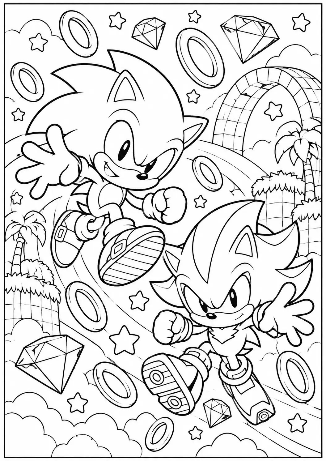 Chibi Sonic and Shadow with rings and Chaos Emeralds coloring page