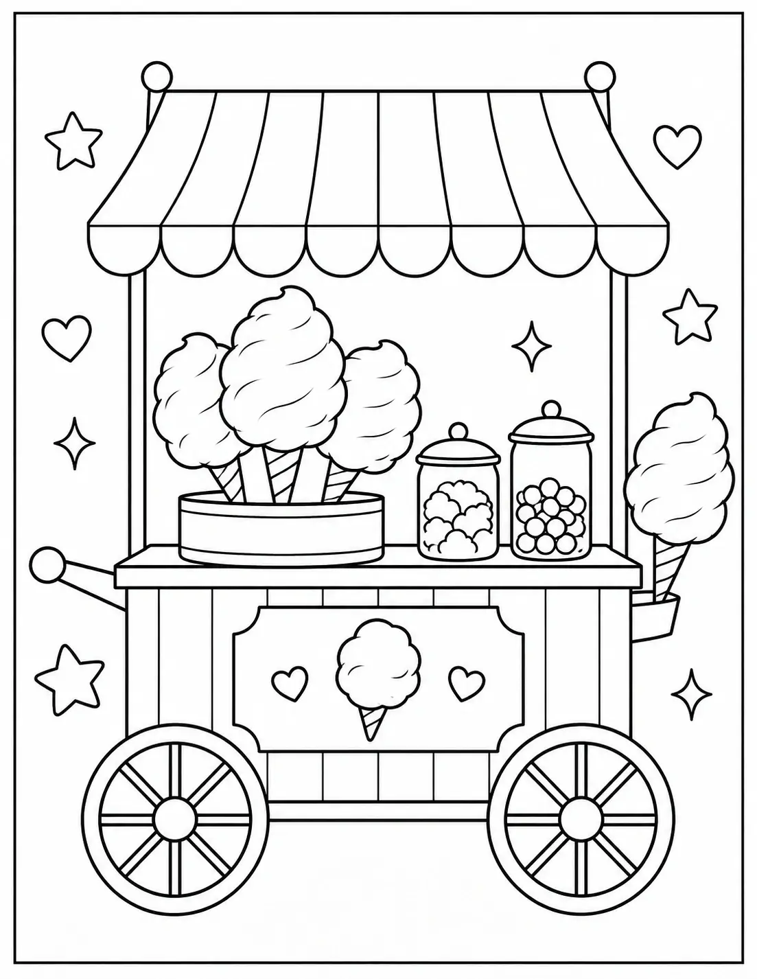 Cotton candy cart coloring page with canopy, jars, wheels, and candy cones