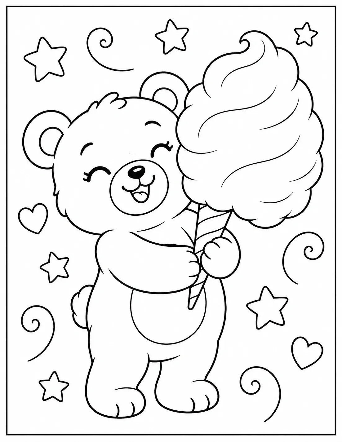 Bear holding cotton candy coloring page with stars, hearts, and swirls