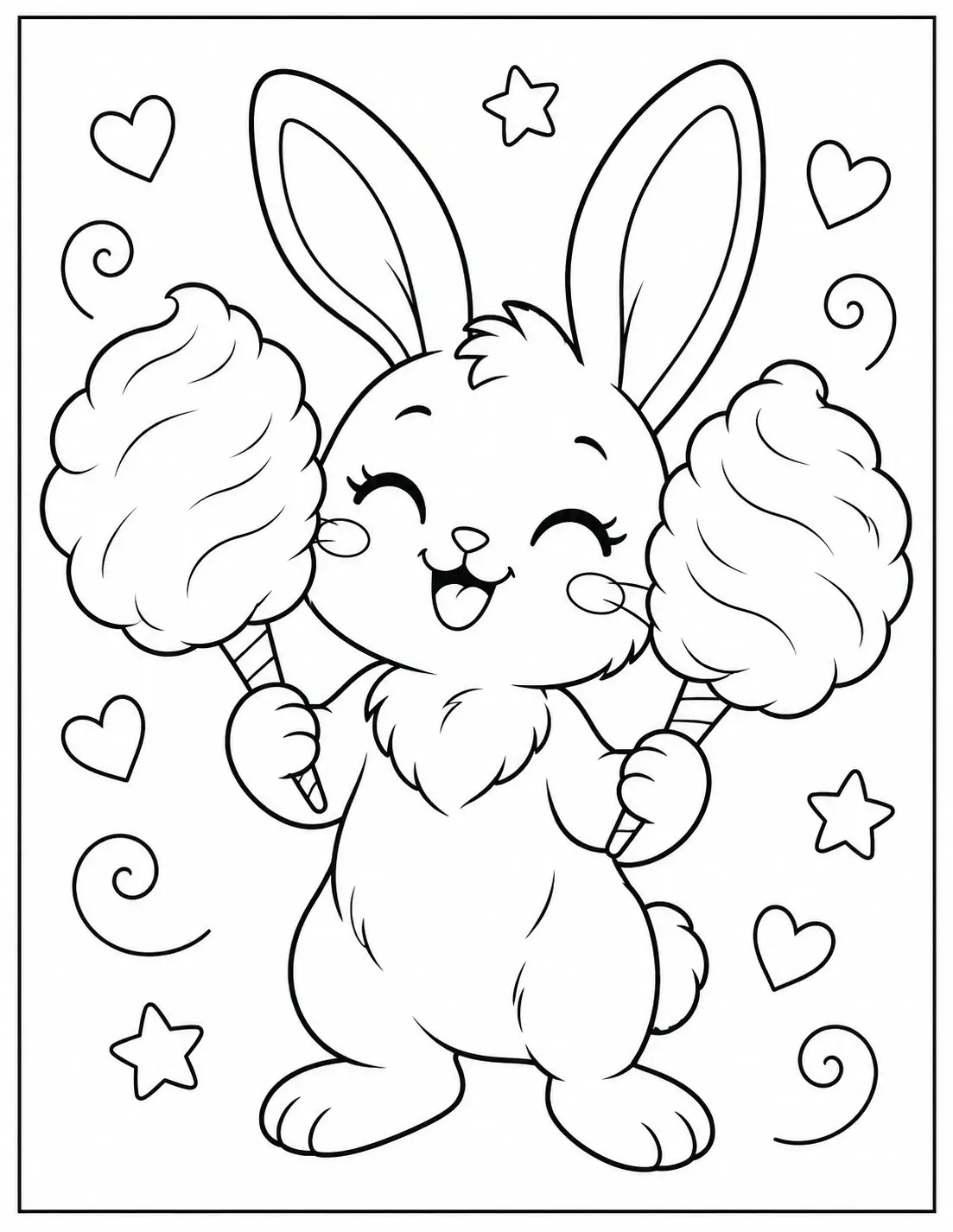 Bunny holding two cotton candies coloring page with hearts and stars