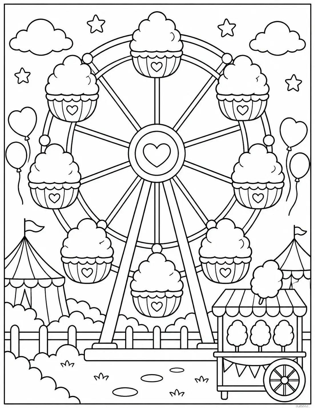 Cotton candy bouquet coloring page with fluffy candy cones, ribbon bow, leaves, and hearts