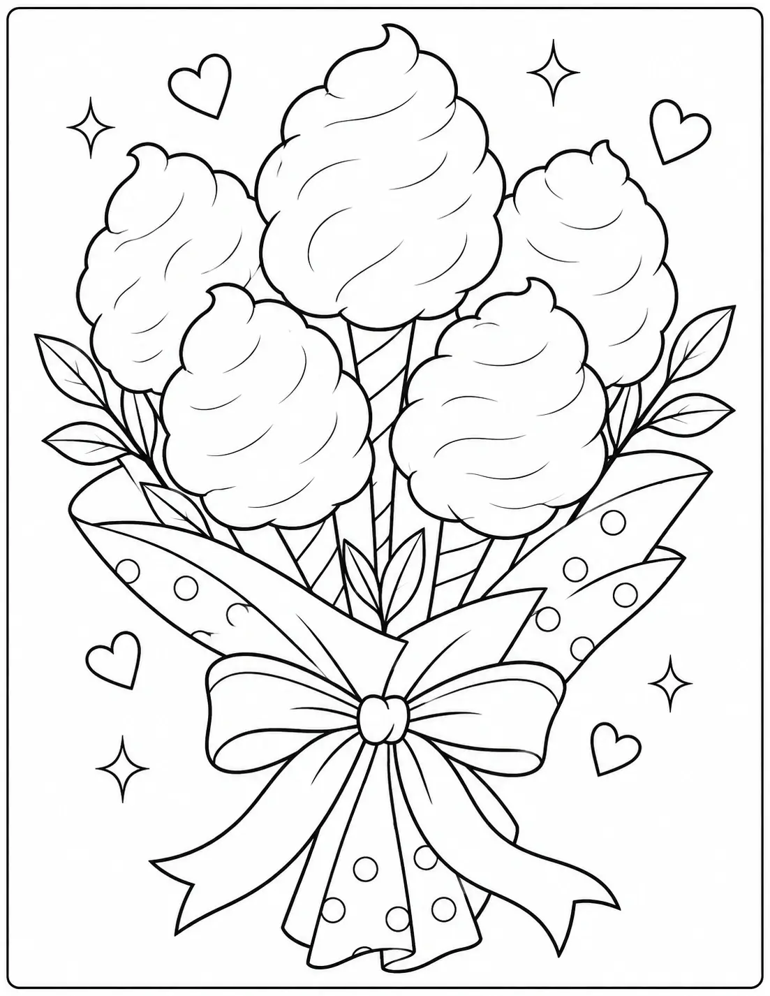 Cotton candy dessert cone coloring page with fluffy candy, icing, sprinkles, wafer, and cherry