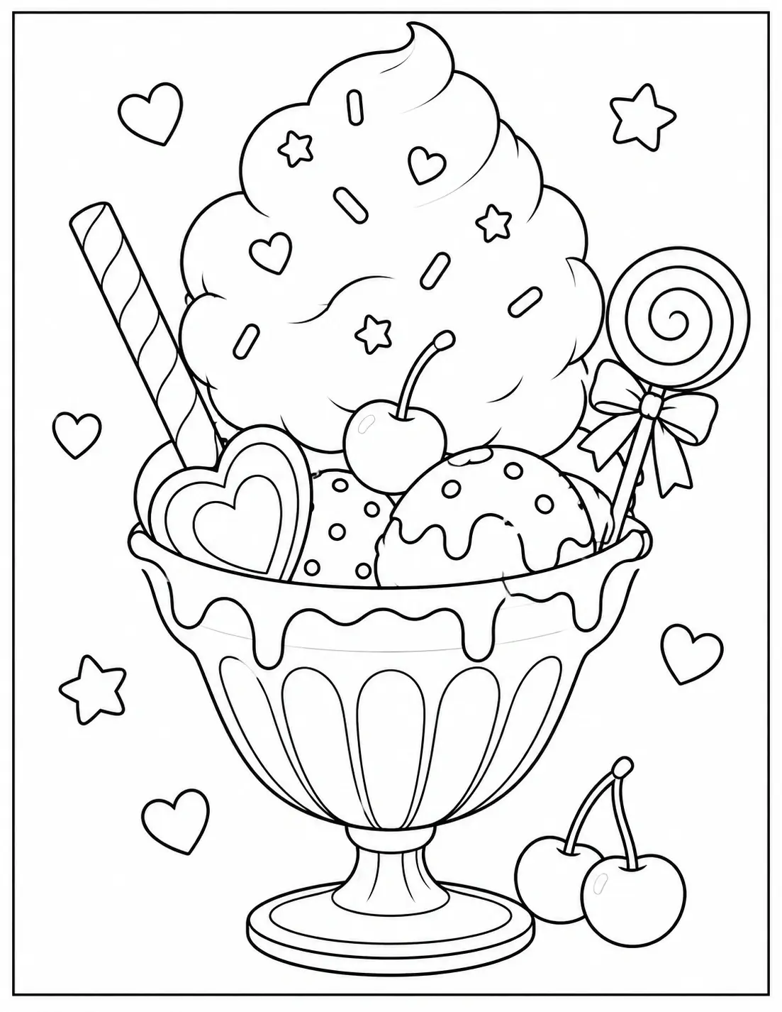Cotton candy picnic coloring page with basket, cupcakes, drink, flowers, and candy cones