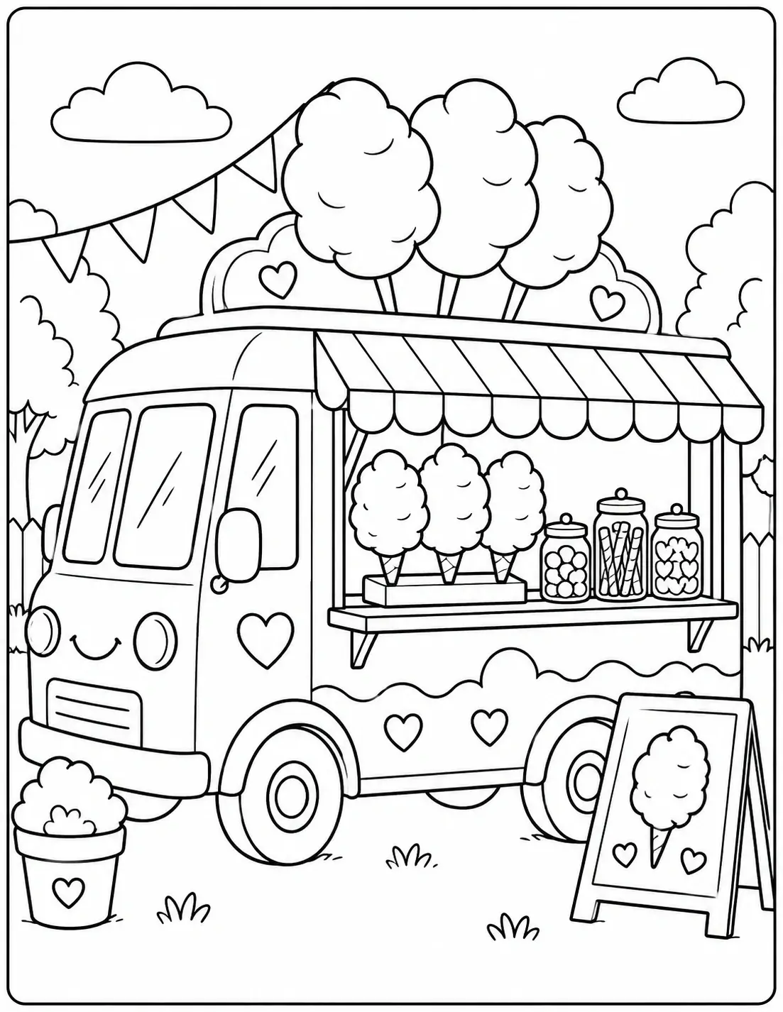 Cotton candy food truck coloring page with striped awning, candy display, and sweet jars