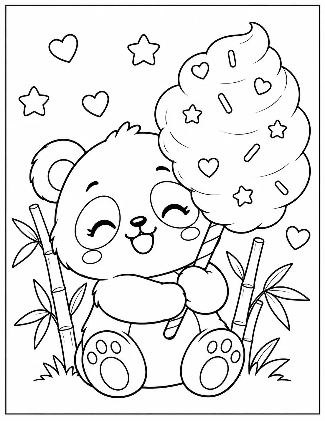 Panda with cotton candy coloring page with bamboo, hearts, and stars