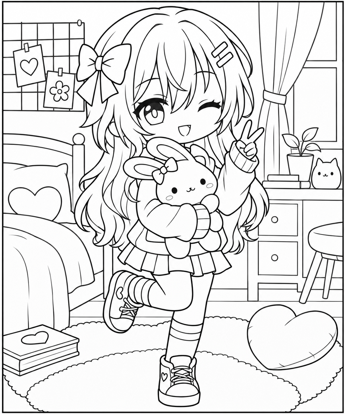 Gacha Girl Hugging Bunny Plush coloring page