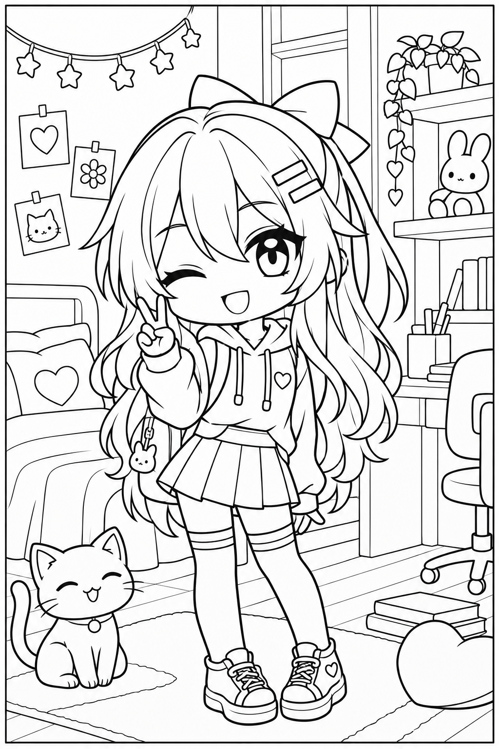 Gacha Girl in a Study Bedroom coloring page