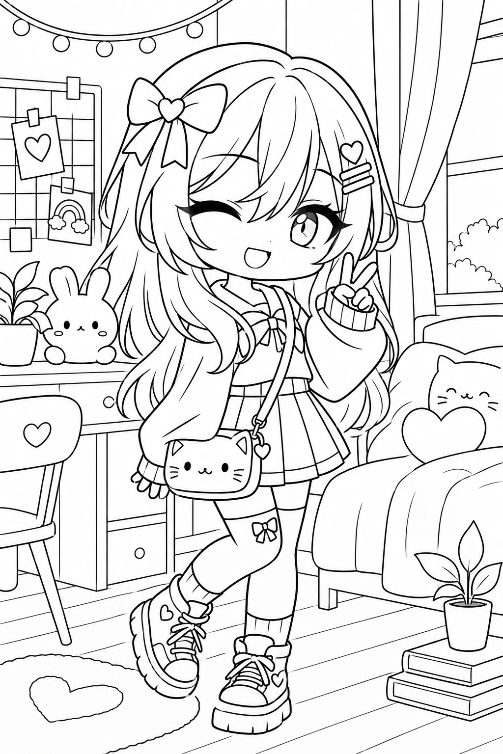 Gacha Girl with Cat Purse coloring page