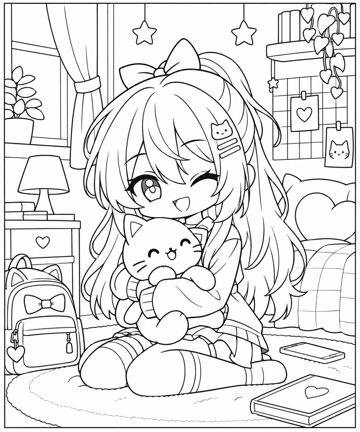 Seated Gacha Girl with Cat Plush coloring page