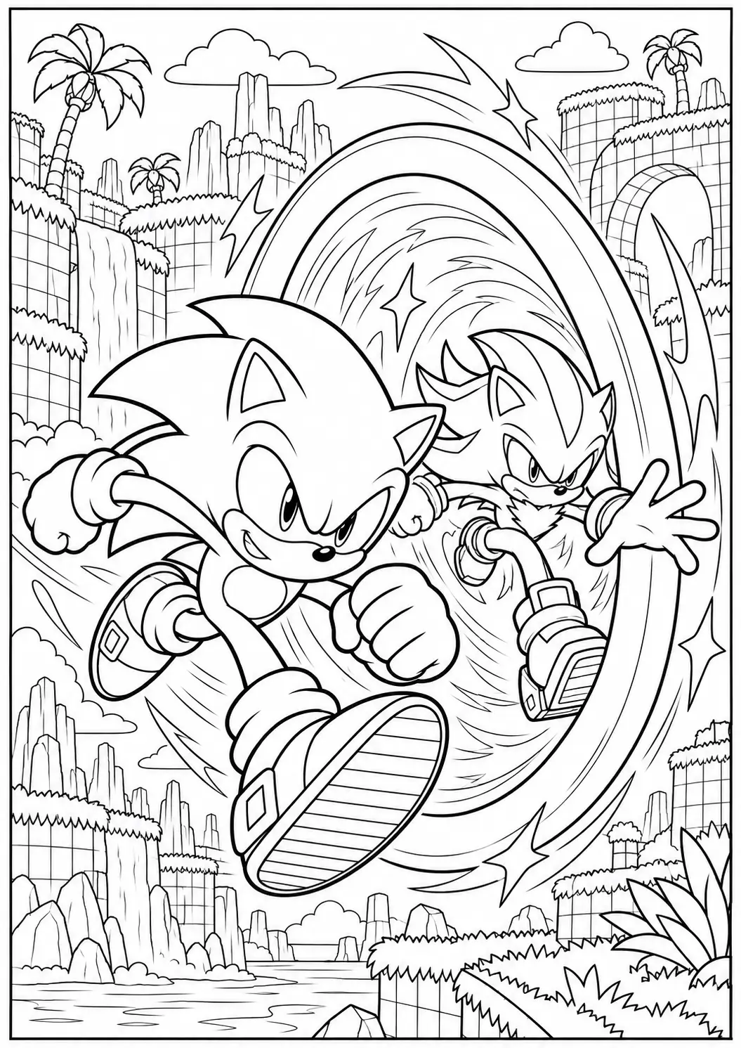 Sonic and Shadow rushing through a portal coloring page