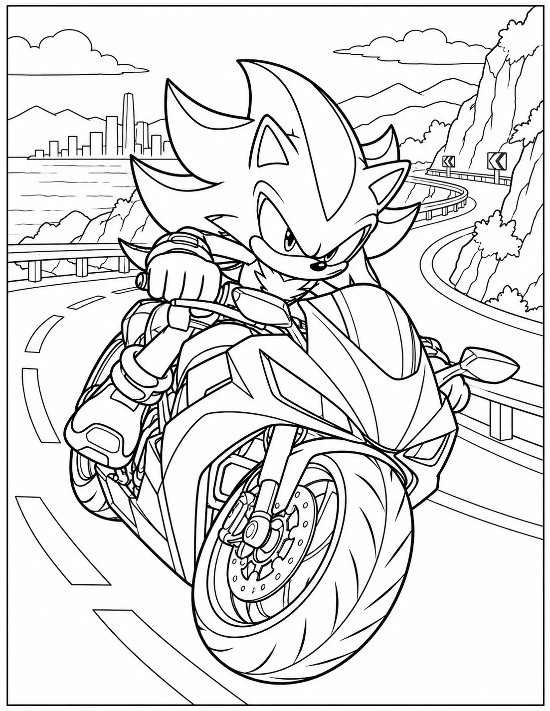Shadow riding a motorcycle on a curving road coloring page