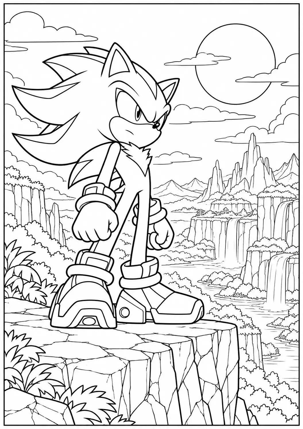 Shadow overlooking a waterfall valley coloring page
