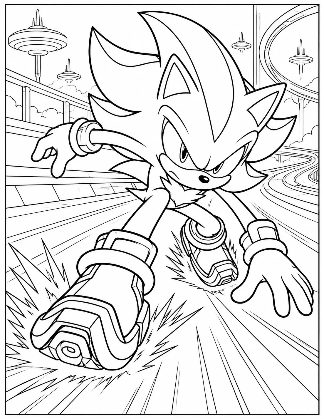 Shadow speeding along a futuristic skyway coloring page