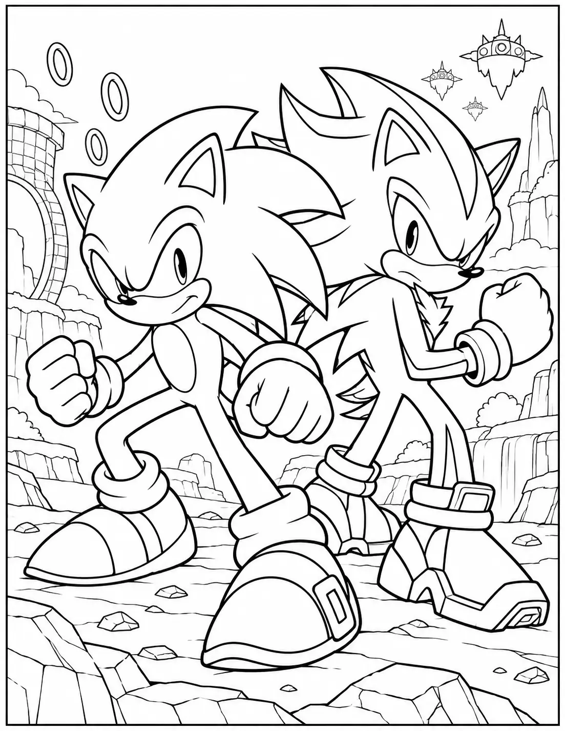 Sonic and Shadow standing back to back coloring page