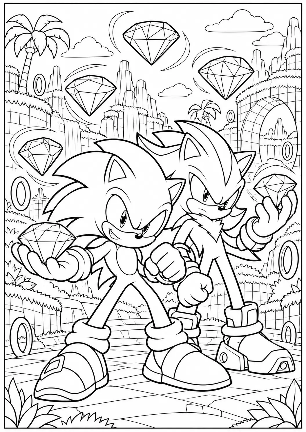 Sonic and Shadow with Chaos Emeralds over Green Hill coloring page