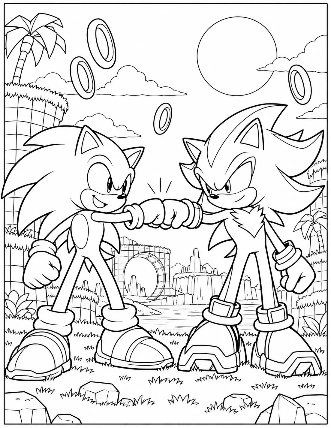Sonic and Shadow fist bump in Green Hill coloring page