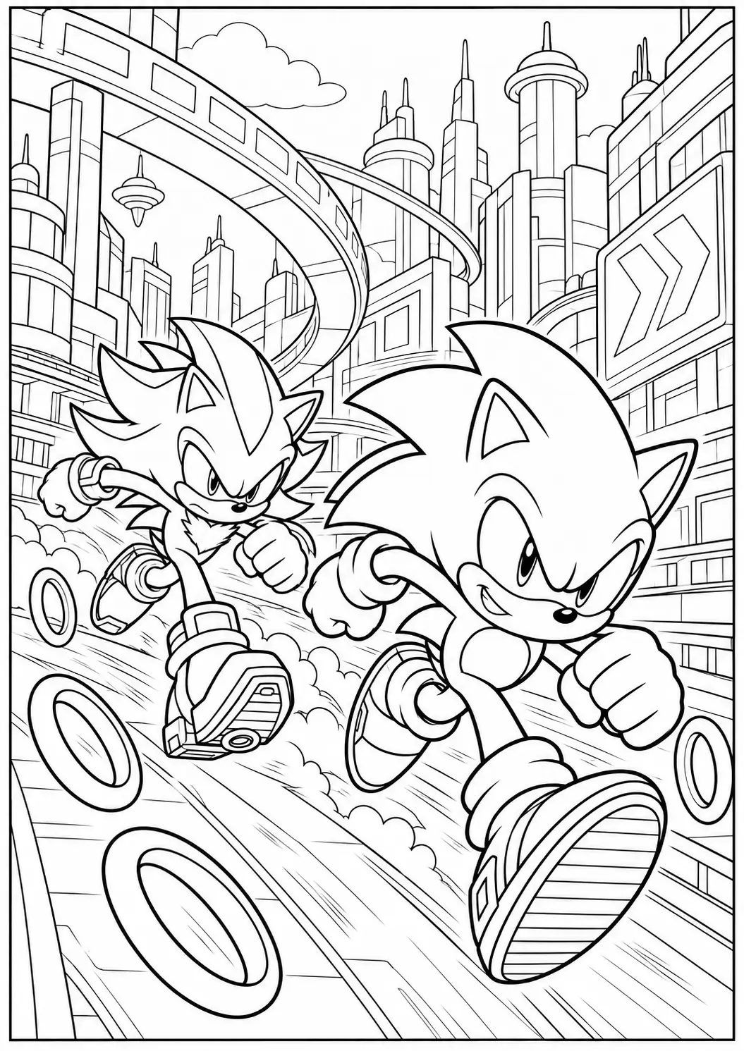 Sonic and Shadow racing through a futuristic city coloring page