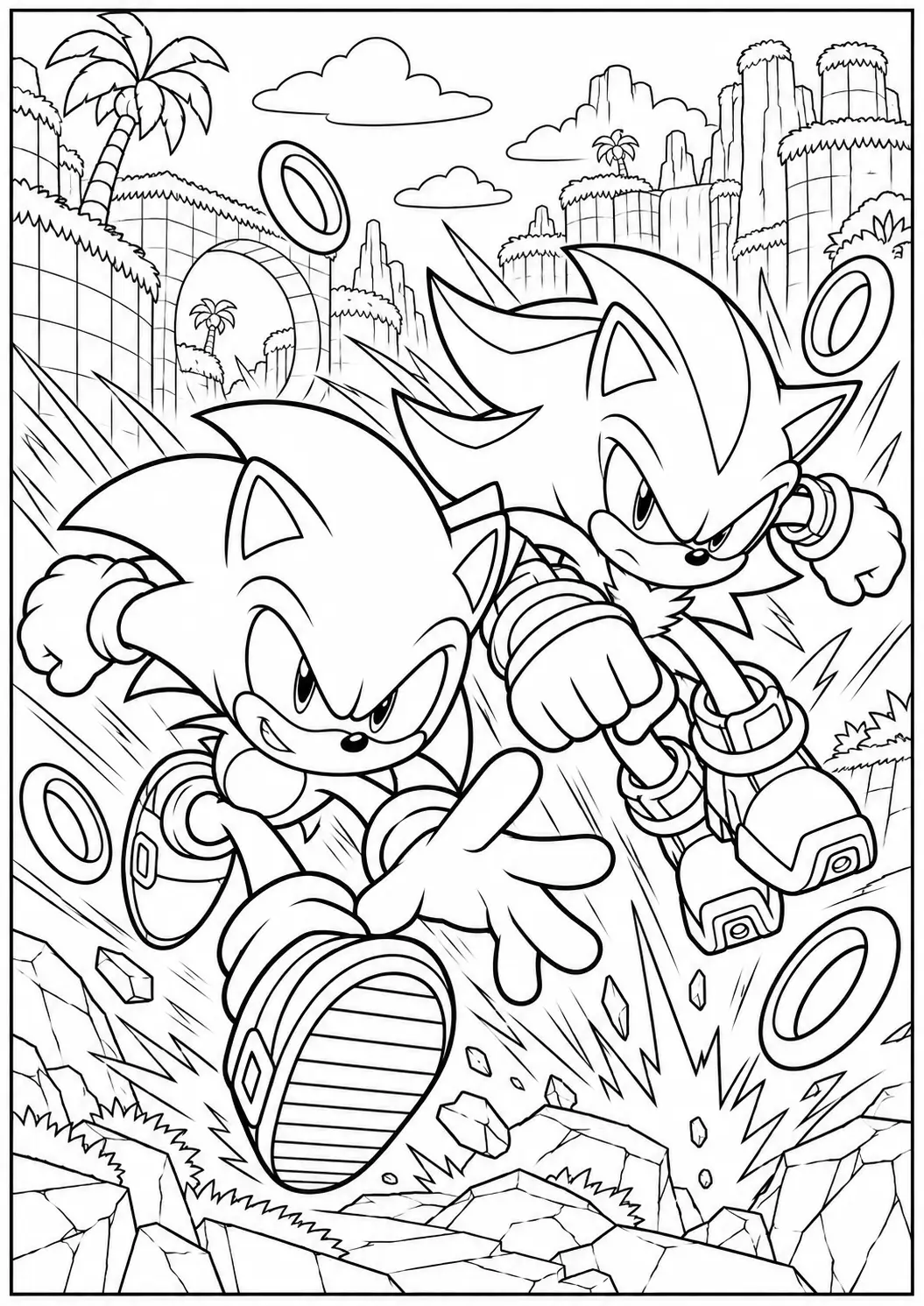 Sonic and Shadow charging forward together in Green Hill coloring page