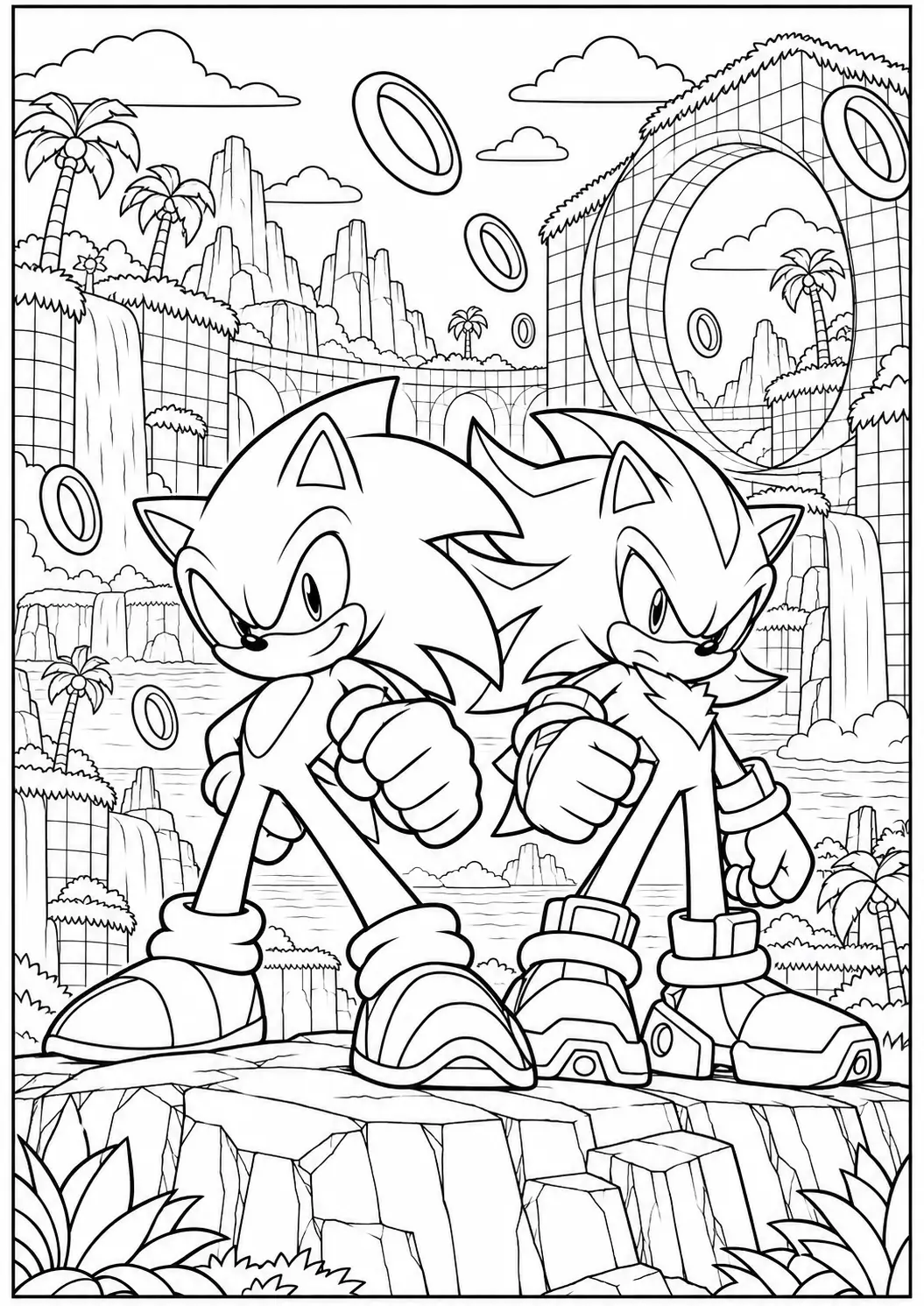 Sonic and Shadow standing together in Green Hill coloring page