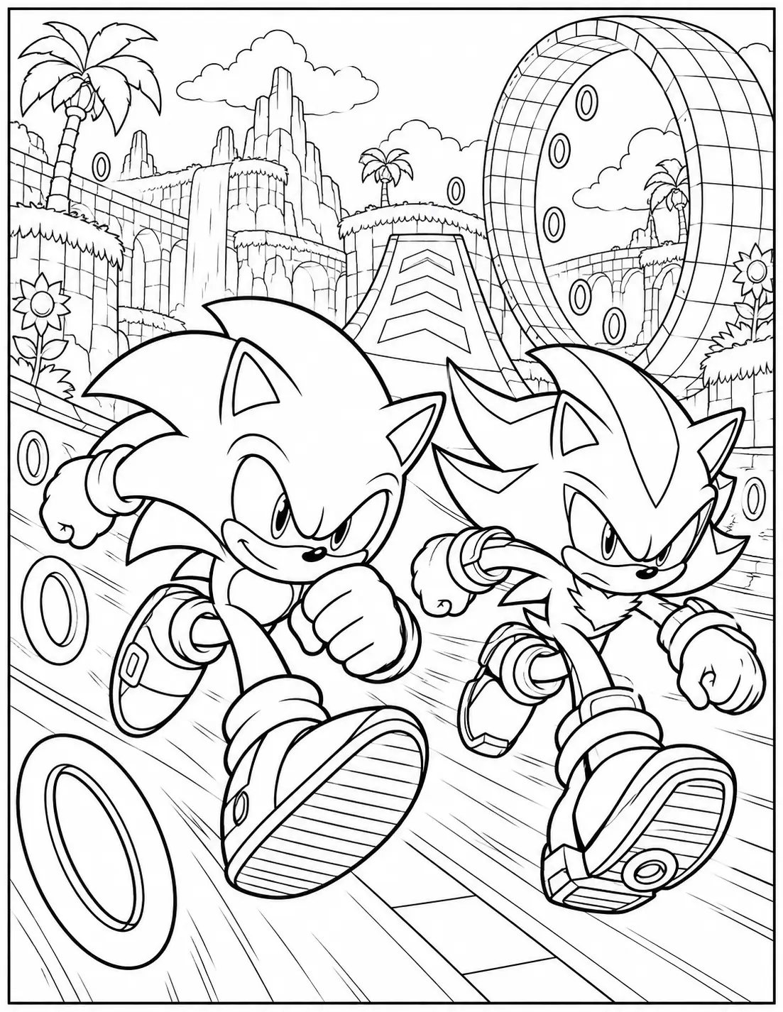 Sonic and Shadow racing through Green Hill coloring page