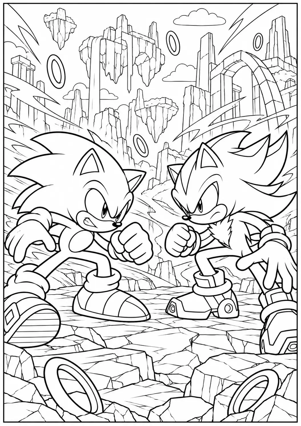 Sonic and Shadow facing off in rocky ruins coloring page