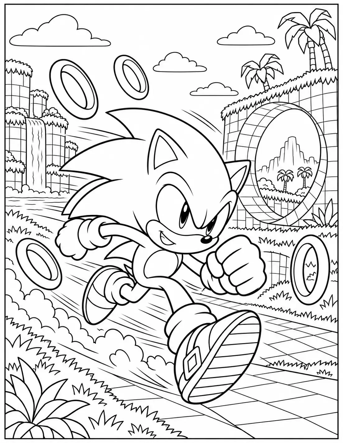 Sonic racing through Green Hill coloring page