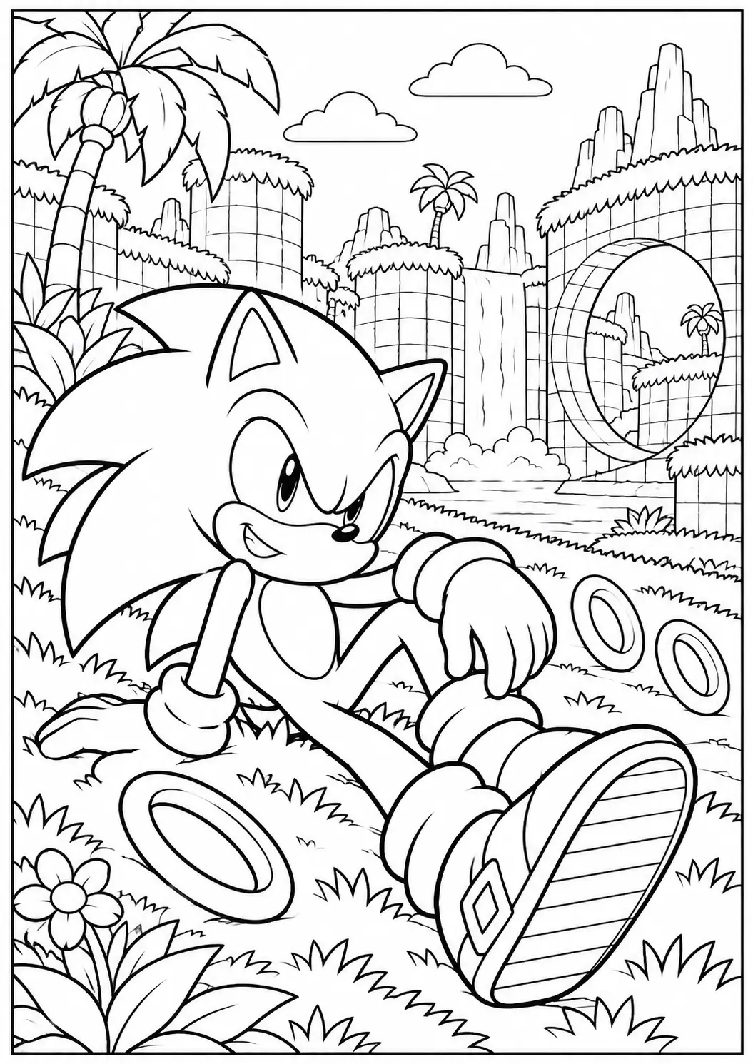 Sonic relaxing in Green Hill near rings and waterfalls coloring page