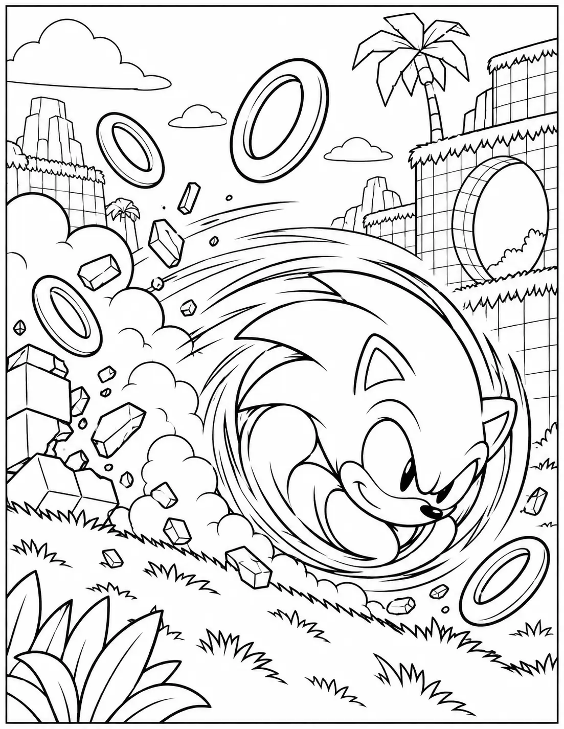 Sonic performing a Spin Dash in Green Hill coloring page