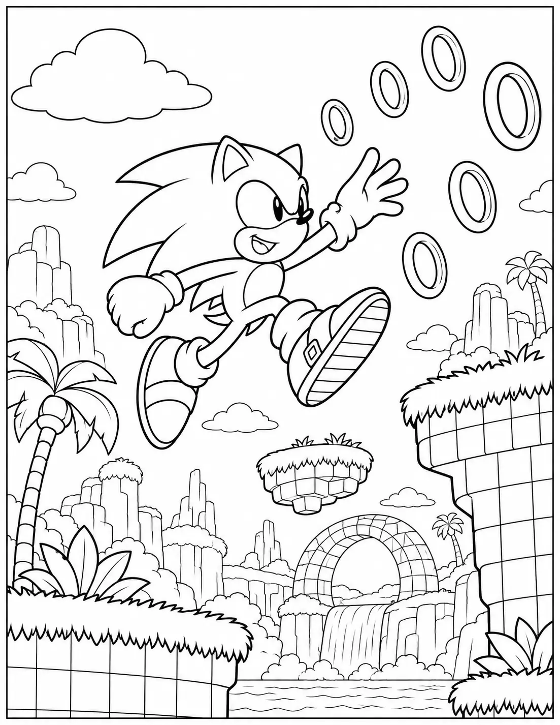 Sonic collecting rings near waterfalls coloring page